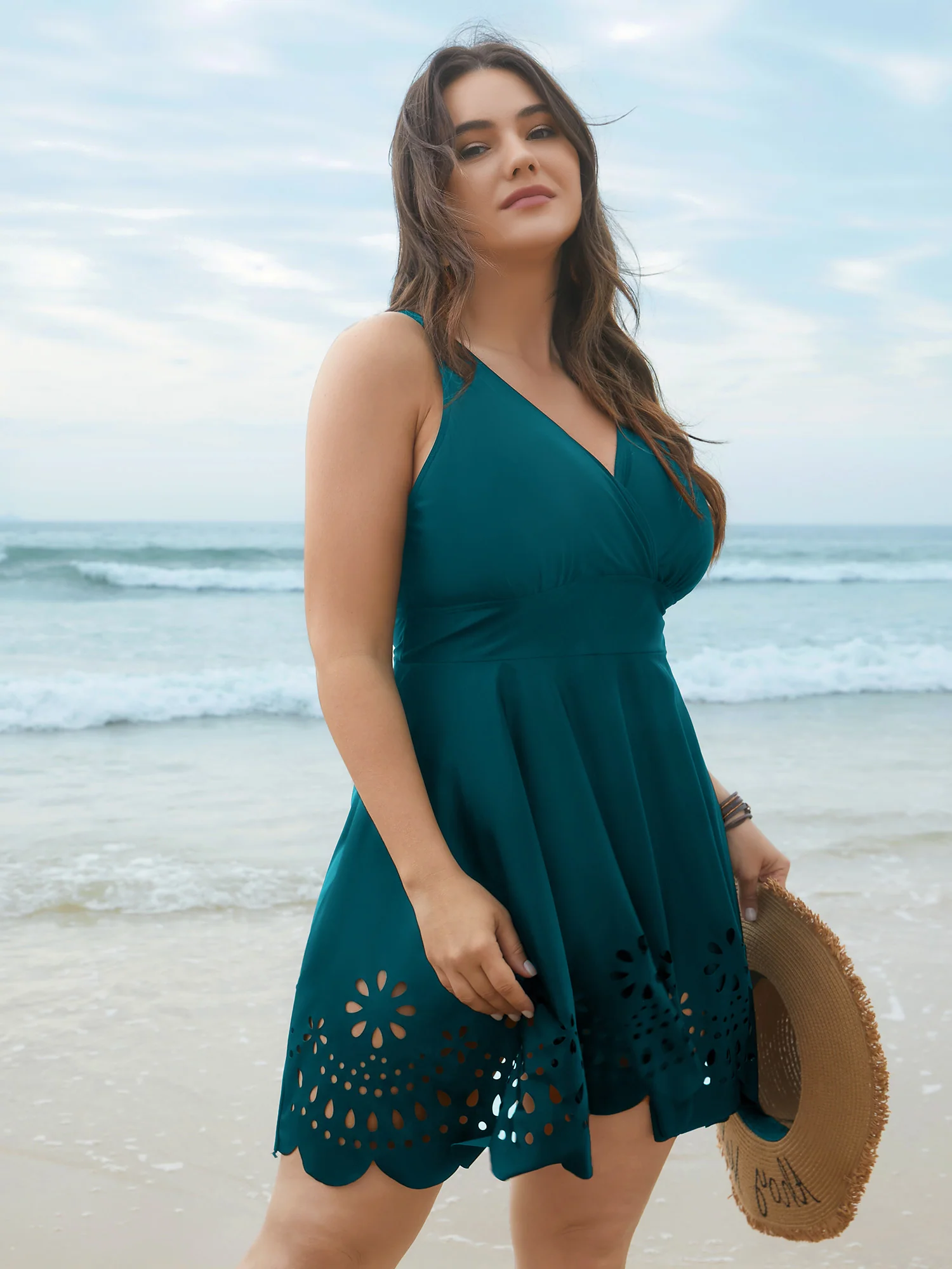 Laser Cut Surplice Neck Waist-Cinched Swim Dress