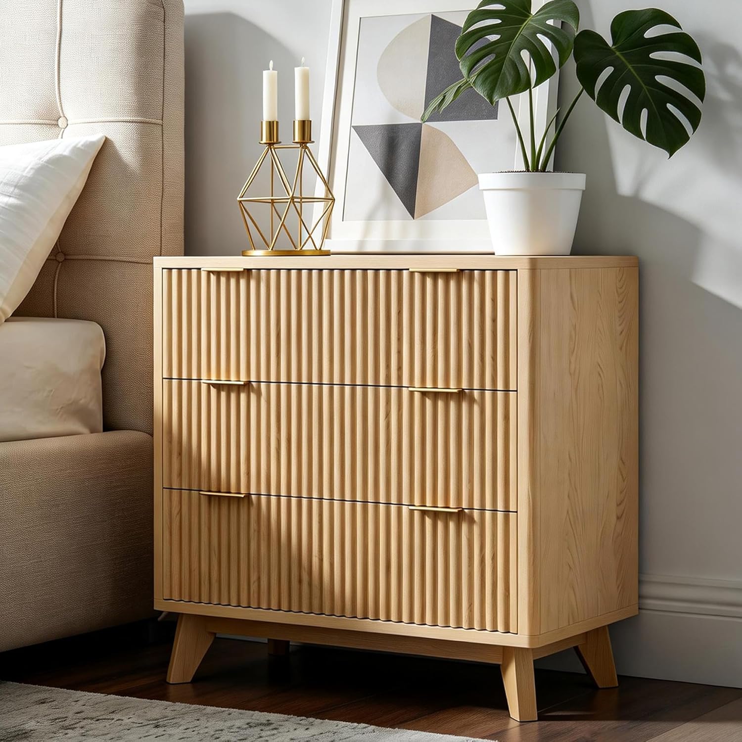 32” Tall Nightstands with Fast Charging Station, 32” Wide Fluted Night Stand with 3 Large Drawers, Modern End Table Beside Table for Bedroom, Curved Profile Design, Natural