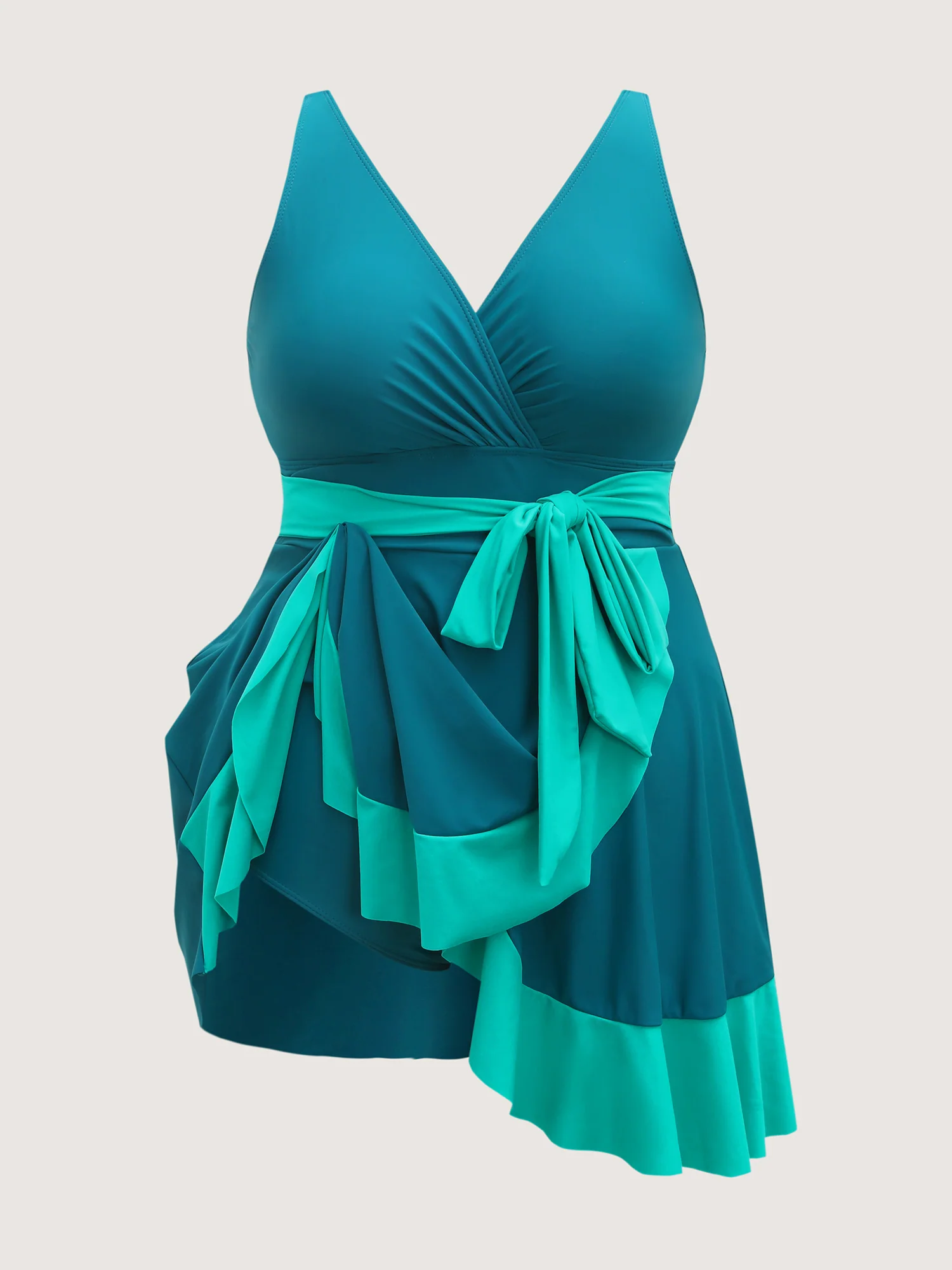 Color Block Ruffled Hem Swim Dress