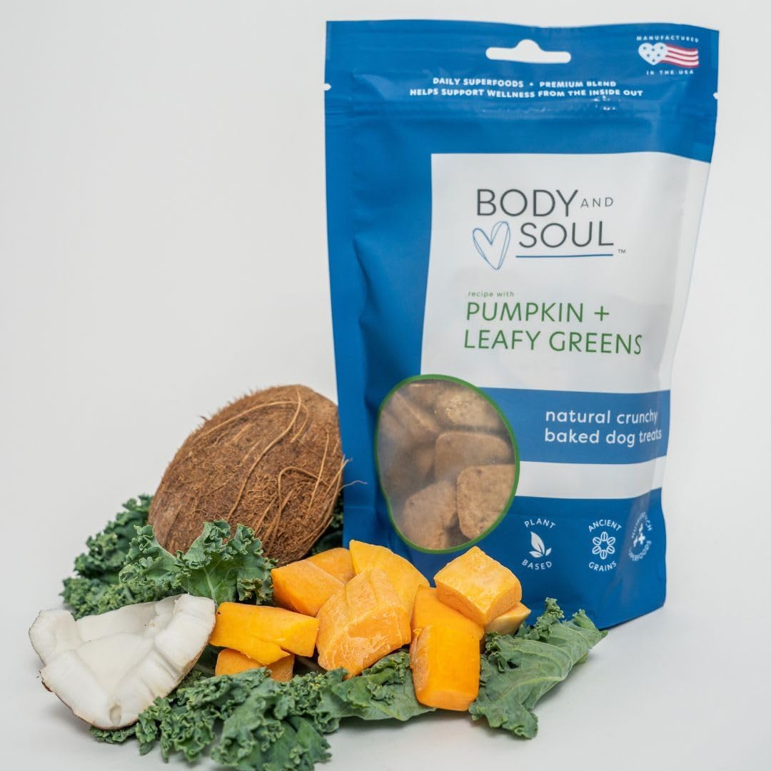 Body and Soul Pumpkin + Leafy Greens Crunchy Dog Treat - Superfood Biscuits Baked with Oats Barley & Quinoa - All-Natural Plant Based Clean Protein, No Additives or Fillers - Made in USA 2 Pack (20oz)