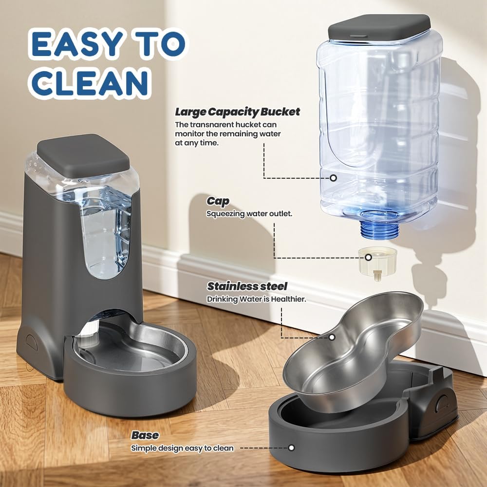 1 Gallon Automatic Cat Feeder Gravity Stainless Steel Water Dispenser Dog Feeder for Small Medium Puppy Kitten Pets Water Feeding Bowls, Gray