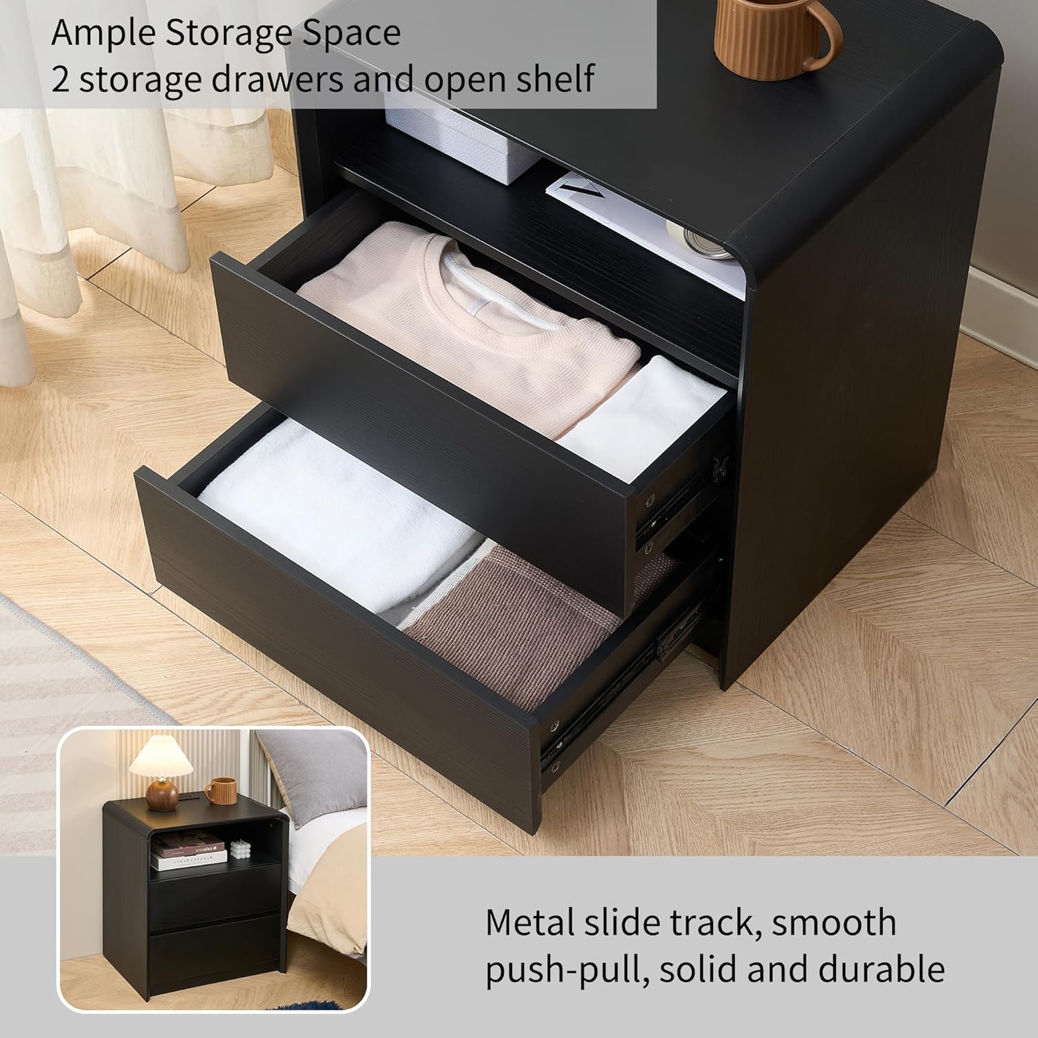 Modern Nightstand for Bedroom,Black Nightstand,2 Storage Drawers Side Table,21.6