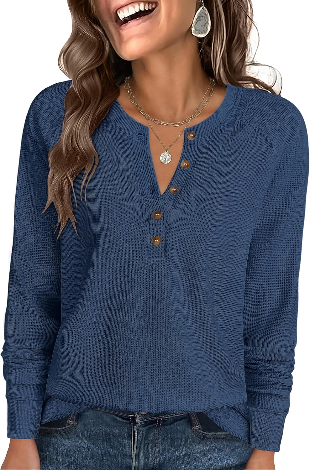 ANRABESS Women's Long Sleeve Waffle Knit Shirts Dressy Casual Loose Button Up V Neck Henley Tops 2026 Fall Basic Tee Blouse