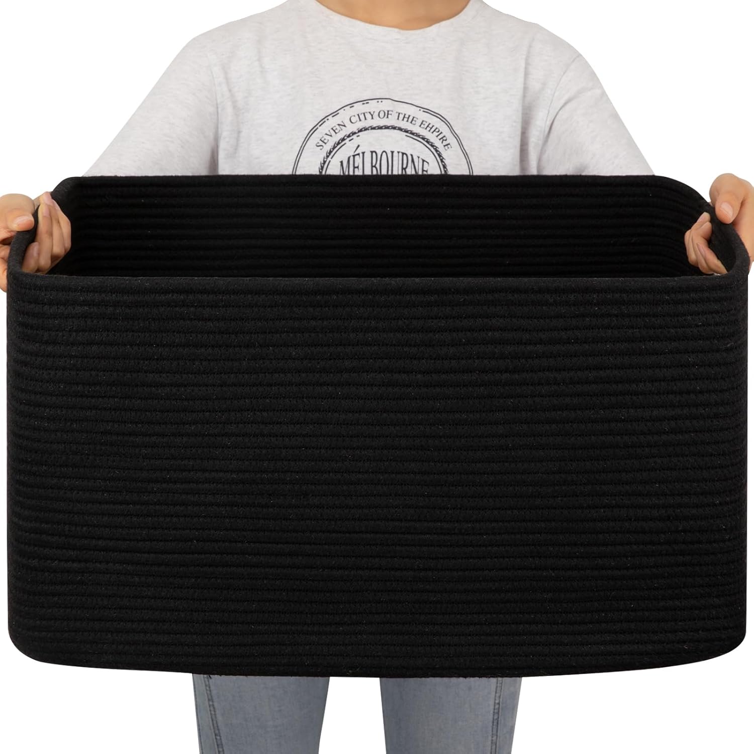 OIAHOMY 75L Large Woven Cotton Rope Storage Basket with Handle for Organizing Blanket and Toys for Living Room, Nursery, Brown Variegated 22”x17”x12”