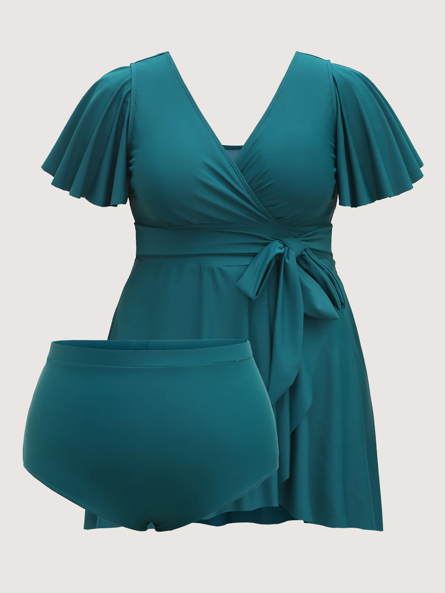 Belted Lotus Leaf Sleeve Swim Dress