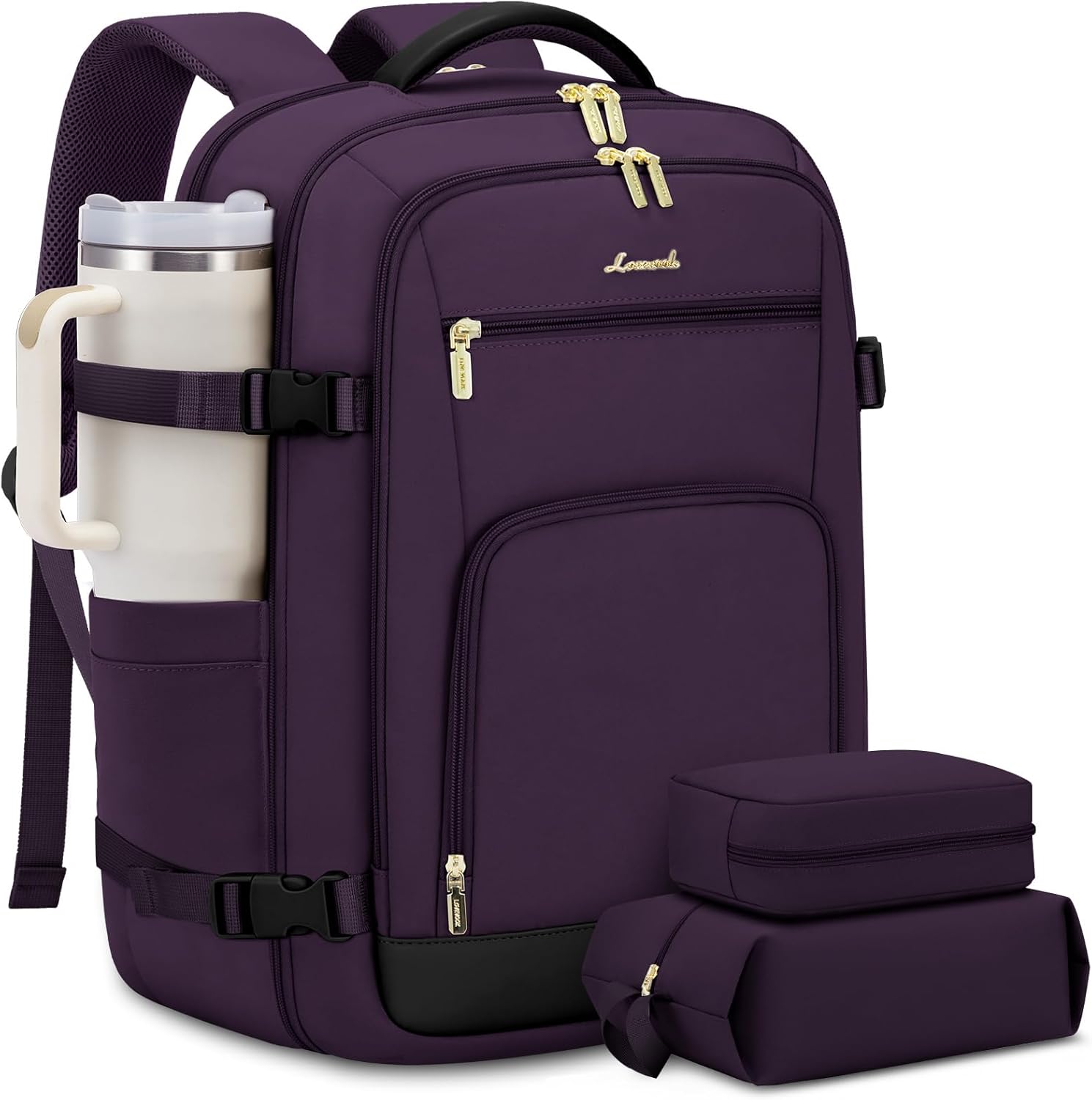 LOVEVOOK Travel Backpack For Women, 40L Carry On Backpack Flight Approved, TSA Personal Item Travel Bag Fits 17 Inch Laptop, Business Weekender Overnight Waterproof Daypack With 2 Cubes, Grey-Pink