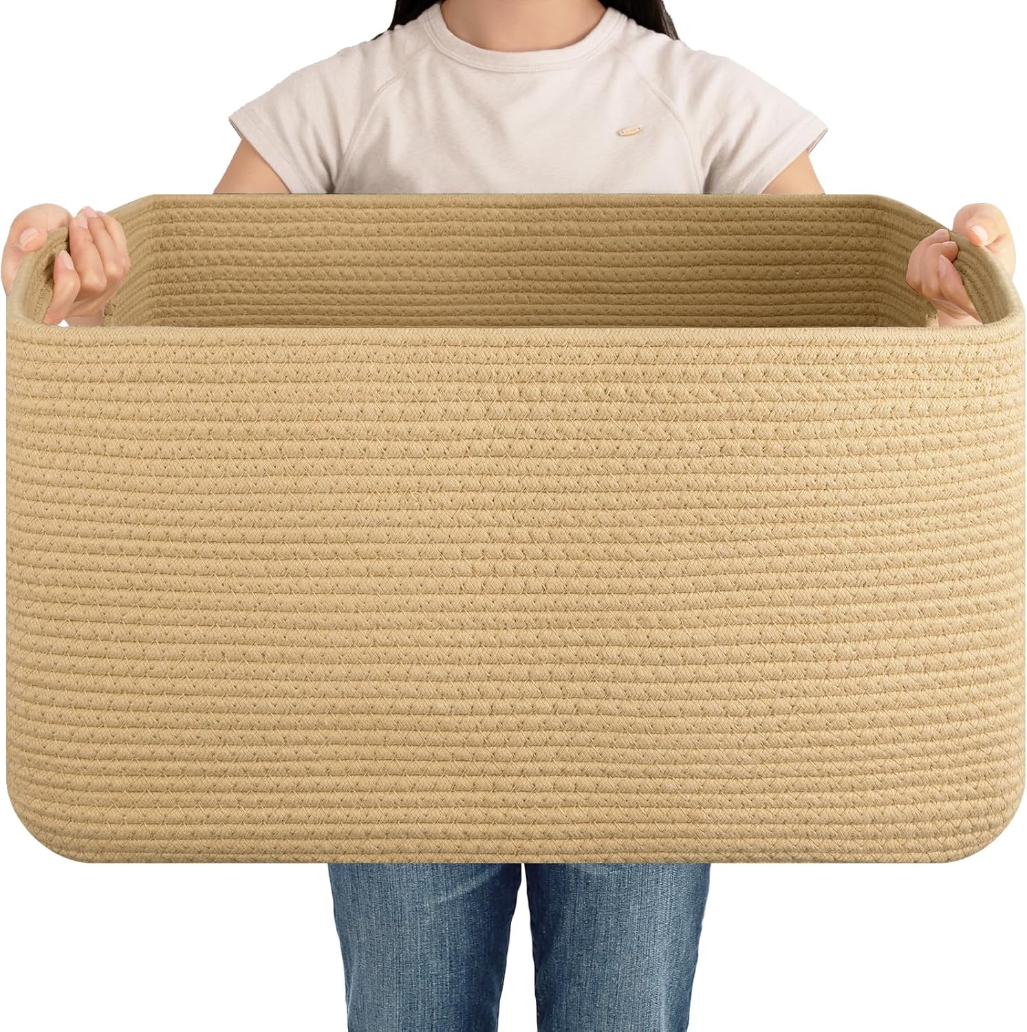 OIAHOMY 75L Large Woven Cotton Rope Storage Basket with Handle for Organizing Blanket and Toys for Living Room, Nursery, Brown Variegated 22”x17”x12”