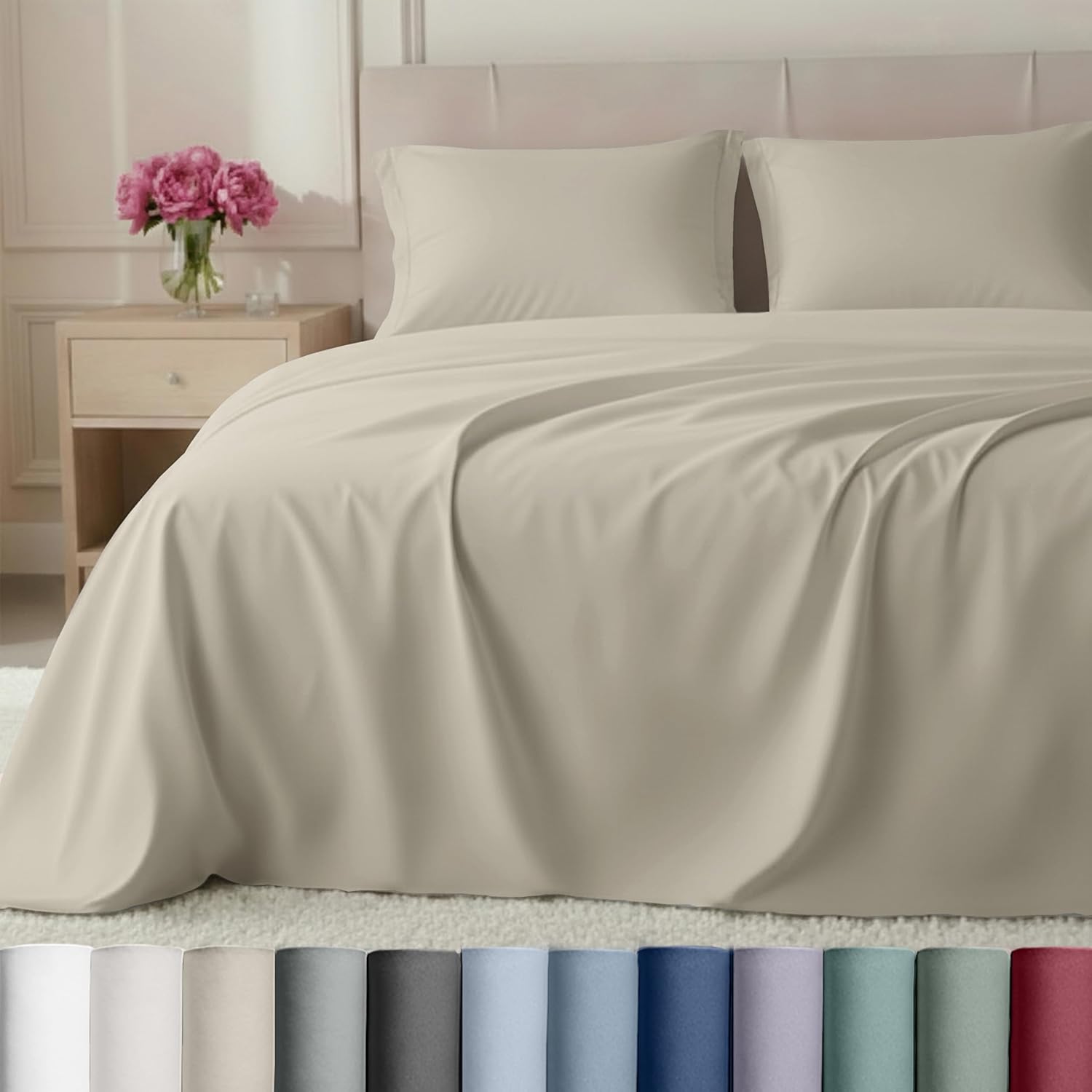 California Design Den Split King Sheet Set - Luxury 800 Thread Count, 100% Cotton Sateen, Bedding Set with Deep Pockets Sheets - Beige