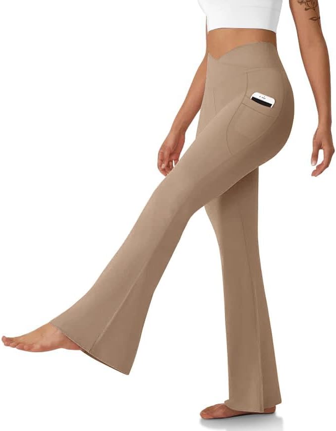 Women's Flare Leggings with Pockets Crossover High Waisted Bootcut Yoga Pants Tummy Control Bell Bottom Leggings