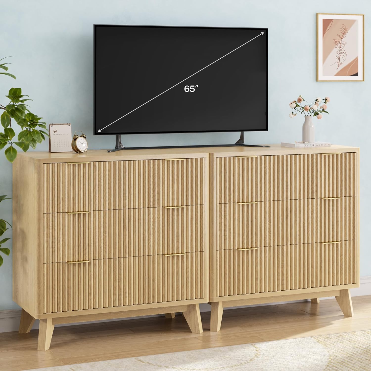 32” Tall Nightstands with Fast Charging Station, 32” Wide Fluted Night Stand with 3 Large Drawers, Modern End Table Beside Table for Bedroom, Curved Profile Design, Natural