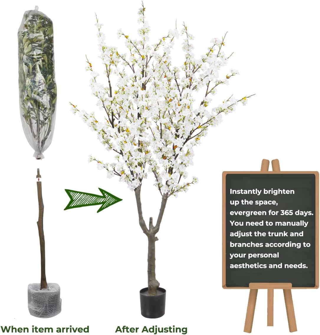 Artificial Cherry Blossom Tree 6ft Tall Indoor Faux White Flower Tree,Fake Cherry Blossom Tree for Home Office Party Wedding Decor