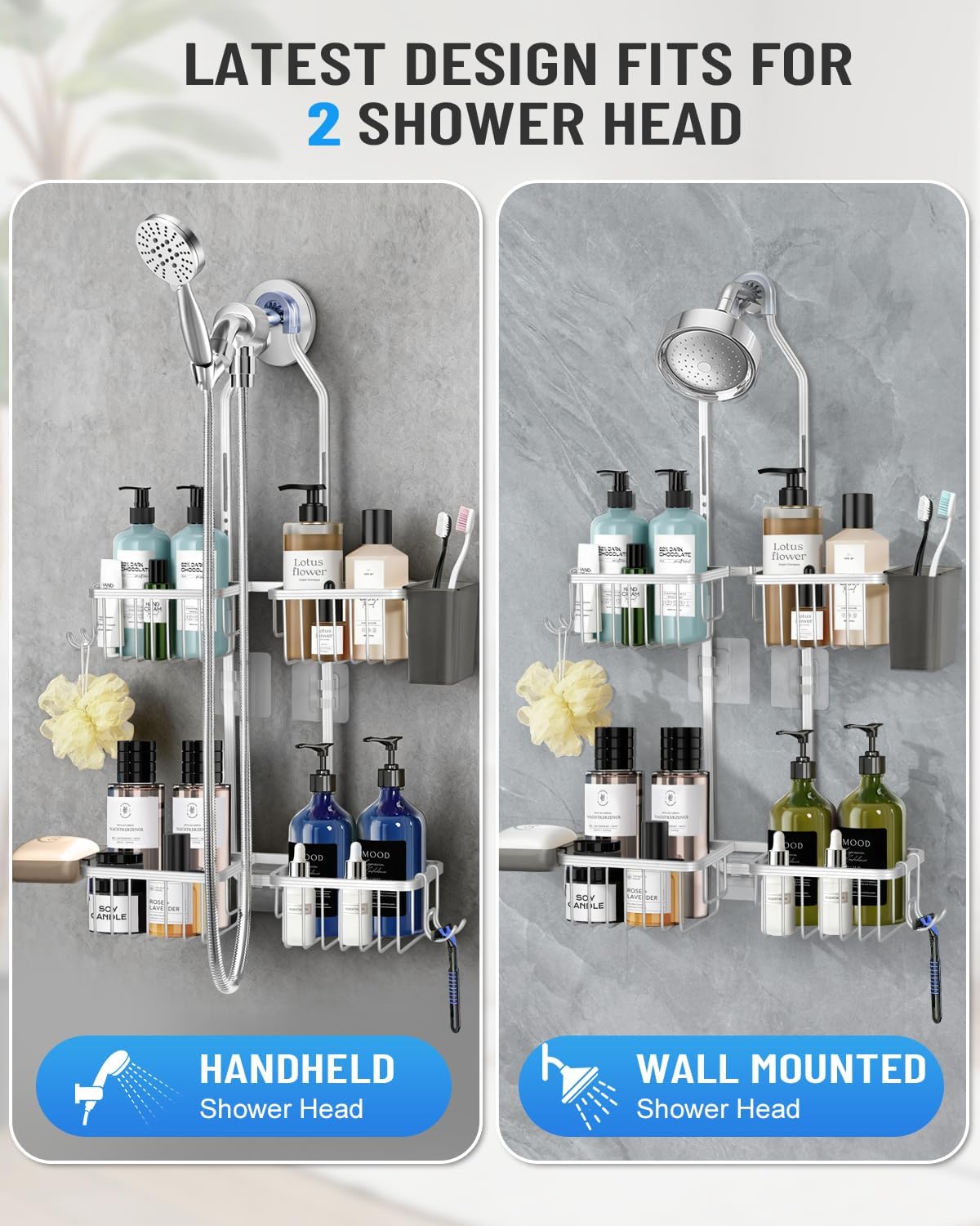 Adjustable Shower Caddy Hanging for Handheld Showerheads - Upgraded Never Rust Shower Hanging Organizer, Bathroom Shower Rack with Soap Basket, Hooks and Toothbrush Holder (Shiny Silver)