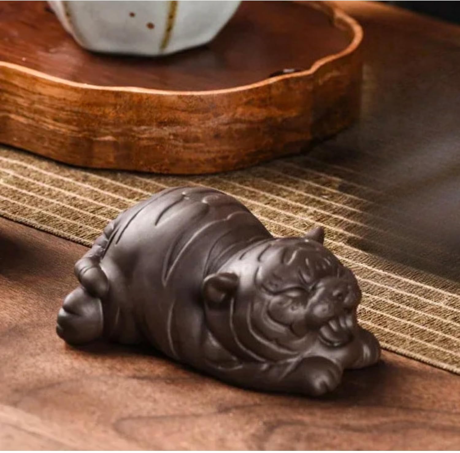 Chinese Purple Clay Tea Pet Handmade Decoration Tiger, 8.6cm 3.4in, Sculpture Animal Ornaments Tea Set Decor