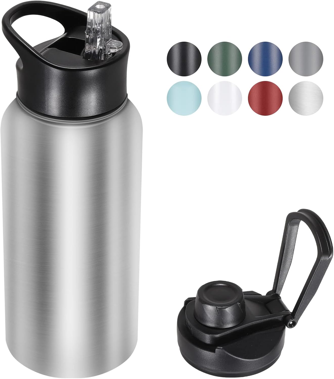 40 oz Insulated Water Bottle with Straw, Stainless Steel Sports Water Bottles with 2 Lids (Straw and Wide Mouth lid), Double Wall Vacuum, Leakproof, BPA-Free, Black