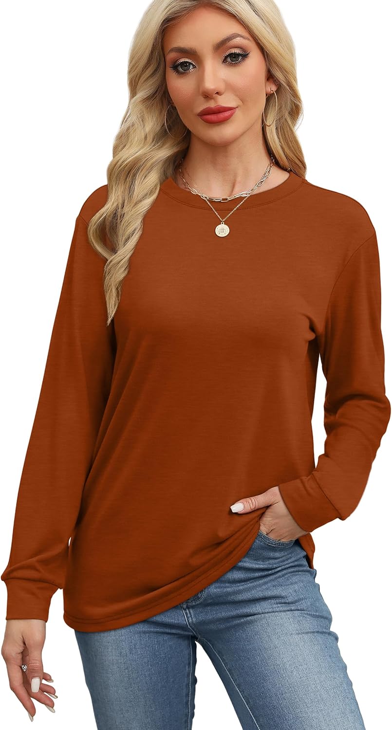 WIHOLL Womens Long Sleeve Shirts Loose Fits Fall Outfits Basic Casual Tunic Tops Crewneck Clothes