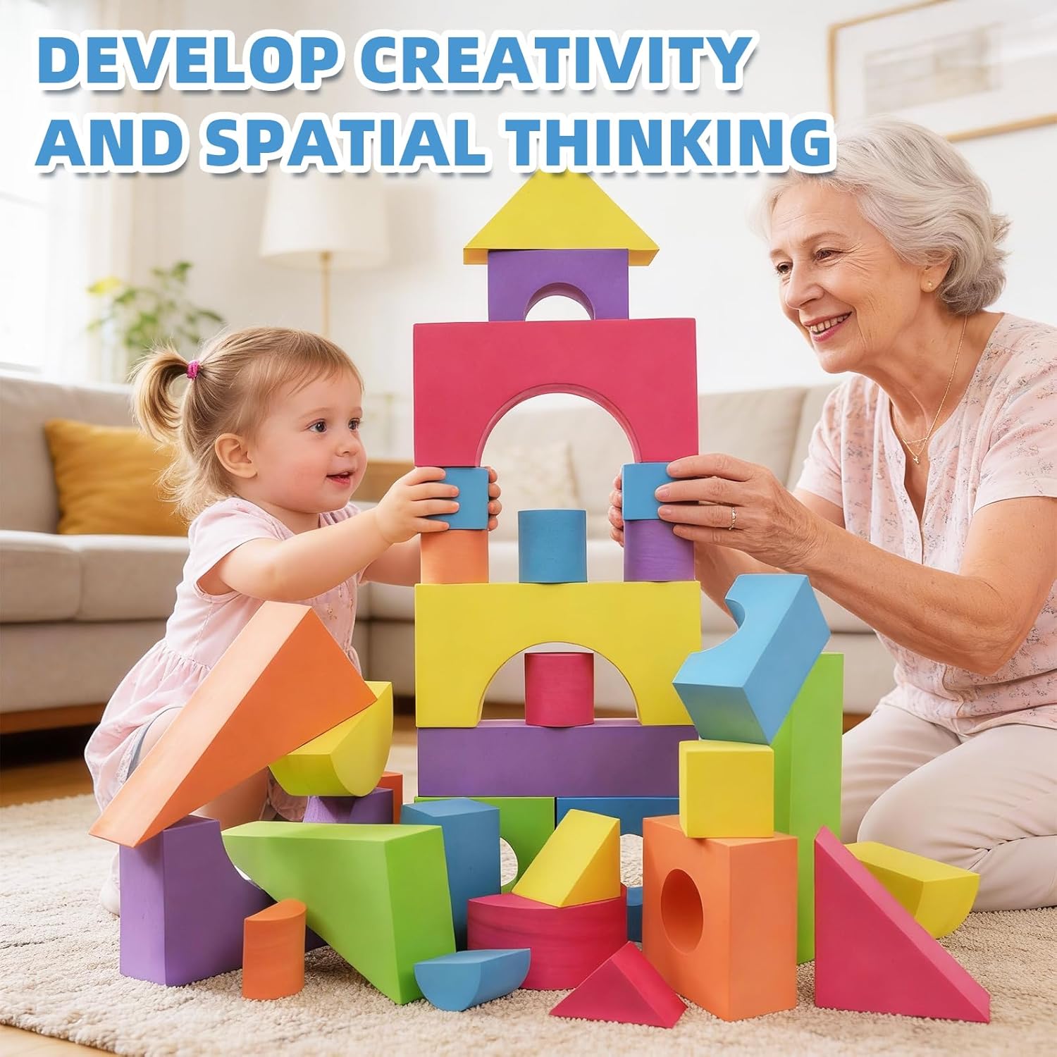 Large Building Foam Blocks for Toddlers, EVA Stacking Foam Building Blocks Toy Set, Non-Toxic, Washable, Early Learning Construction Toys & Gifts for Kids Boys & Girls (Blue, Pieces, 30)