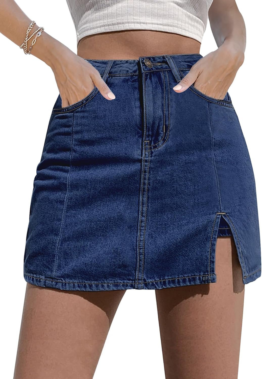 luvamia Skorts Skirts for Women Denim Mini Skirt Side Slit with High Waisted Jean Shorts Stretchy