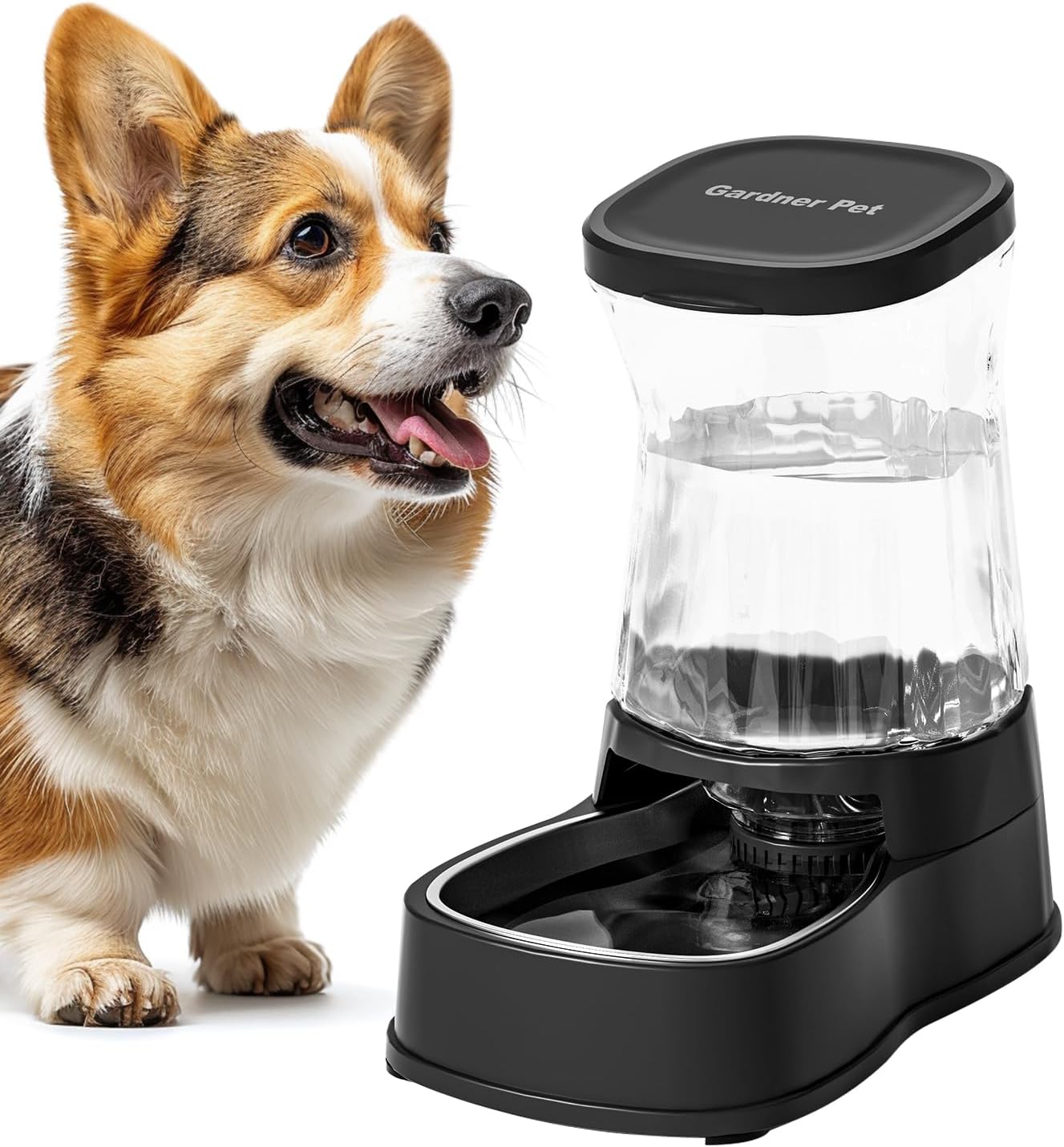 Gardner Pet Automatic Gravity Water Dispenser for Dogs, 1.6Gallon Large Dog Water Bowl Dispenser with Stainless Steel, 100% BPA-Free Pet Water Fountain with Filter for Dogs, Cats, Puppies(Black)