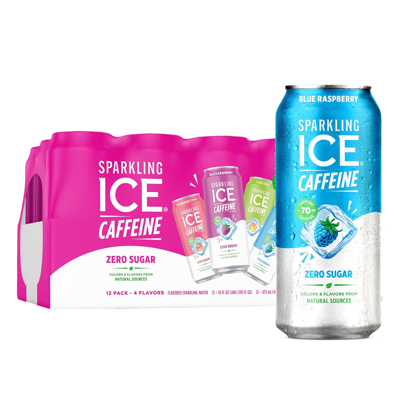 Sparkling Ice Caffeine Black Raspberry Sparkling Water with Caffeine, Zero Sugar, with Antioxidants and Vitamins,16 fl oz Cans (Pack Of 12)