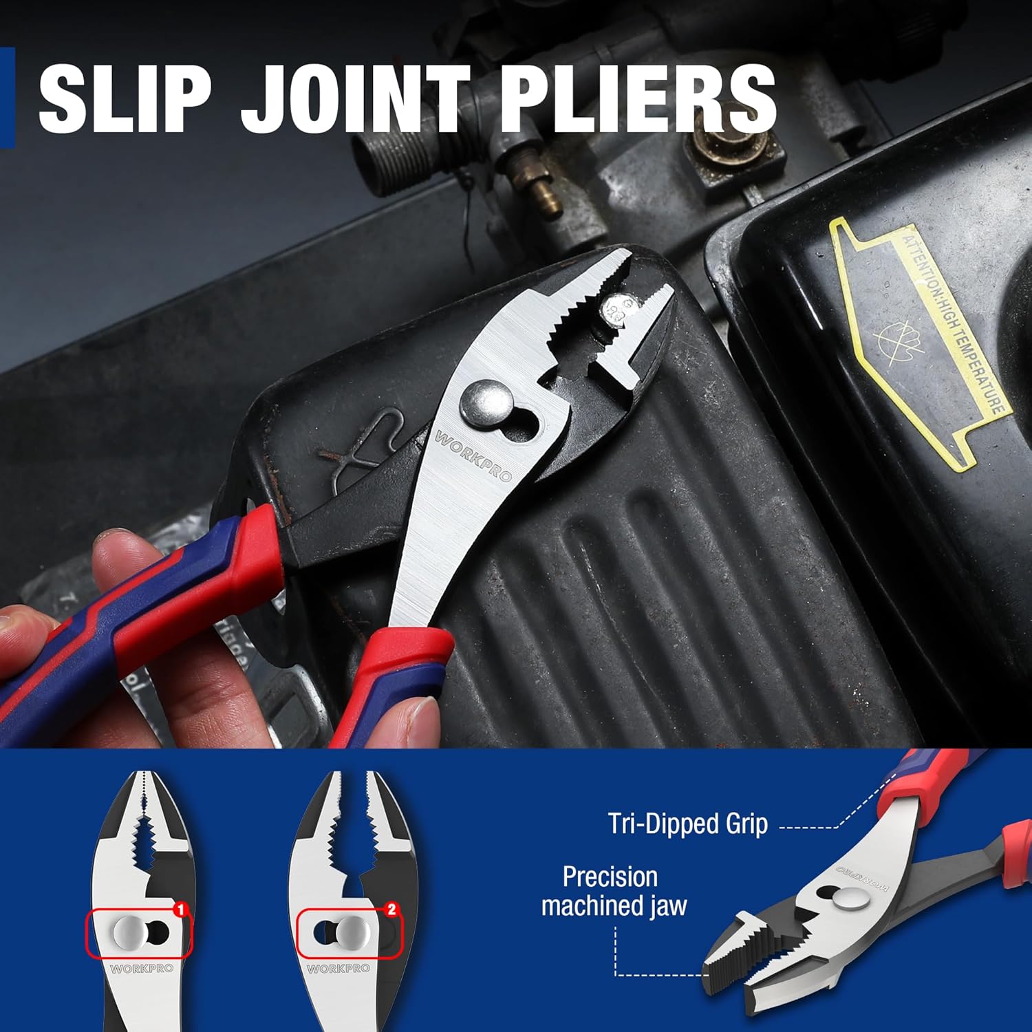 WORKPRO 8” Slip Joint Pliers Tool, Large Soft Grip,Rust Prevention Finish, 3-Zone Serrated Jaw Forged from High Carbon Steel for Maximum Grip
