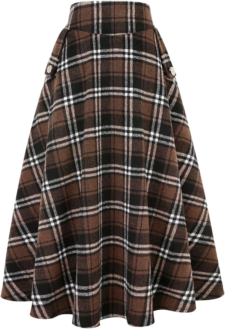 IDEALSANXUN Women’s Fall Winter High Waisted Wool Plaid A-line Long Skirt