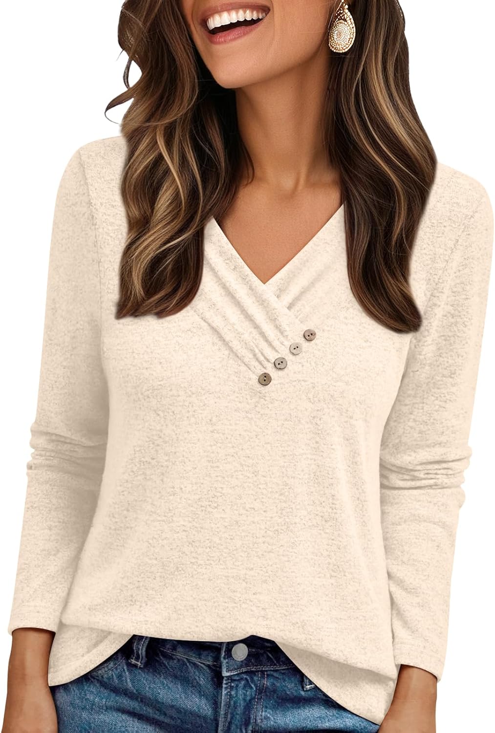 AUTOMET Womens Long Sleeve Tunic Top V Neck Button Shirts 2026 Dressy Casual Business Blouses