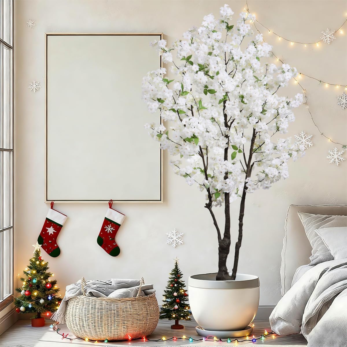 Artificial Cherry Blossom Tree 6ft Tall Indoor Faux White Flower Tree,Fake Cherry Blossom Tree for Home Office Party Wedding Decor