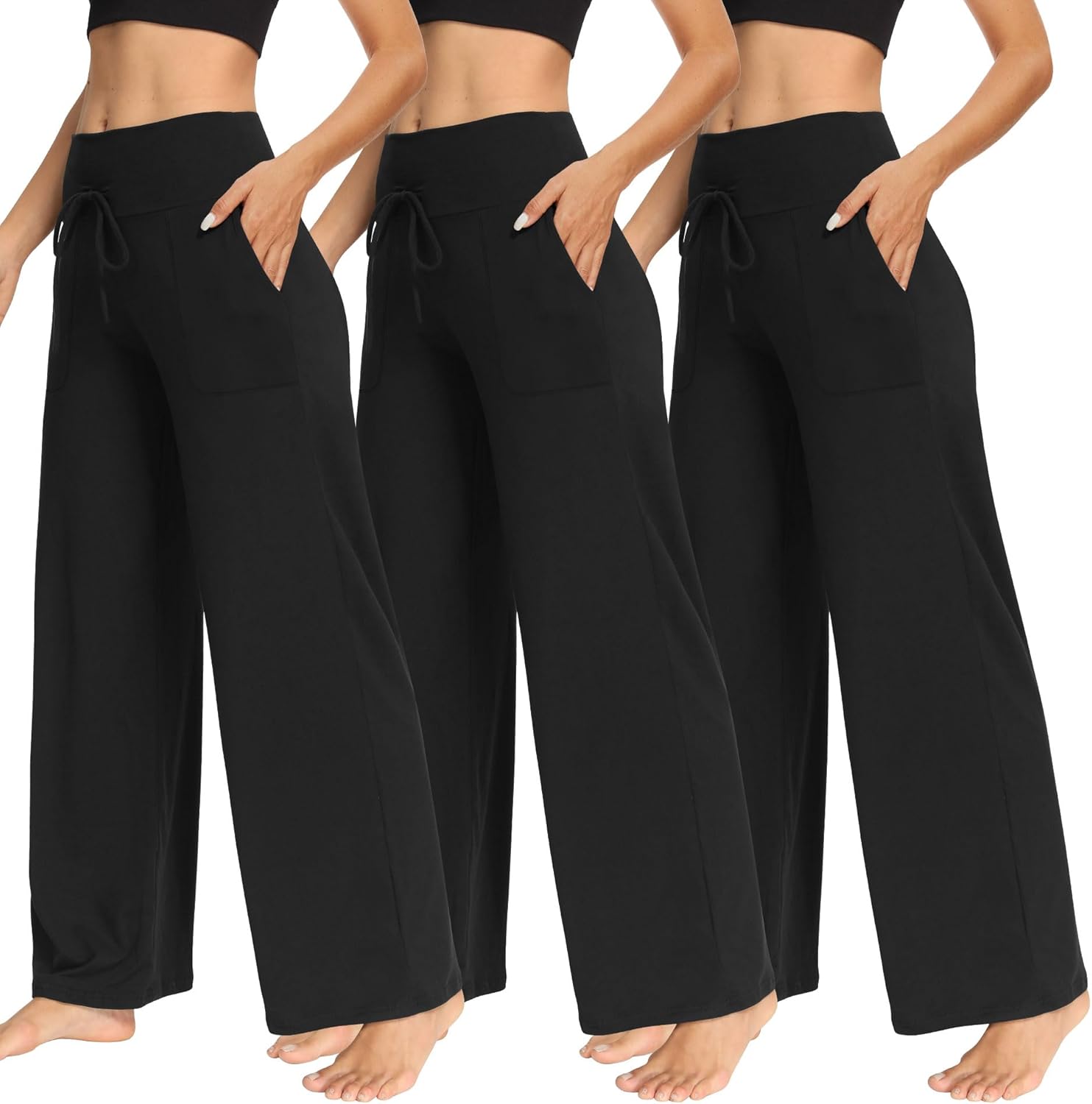 TNNZEET 3 Pack Women's Wide Leg Pants with Pockets - Casual Loose Yoga Trouser Pants Sweatpants Palazzo Lounge Pajama Pants