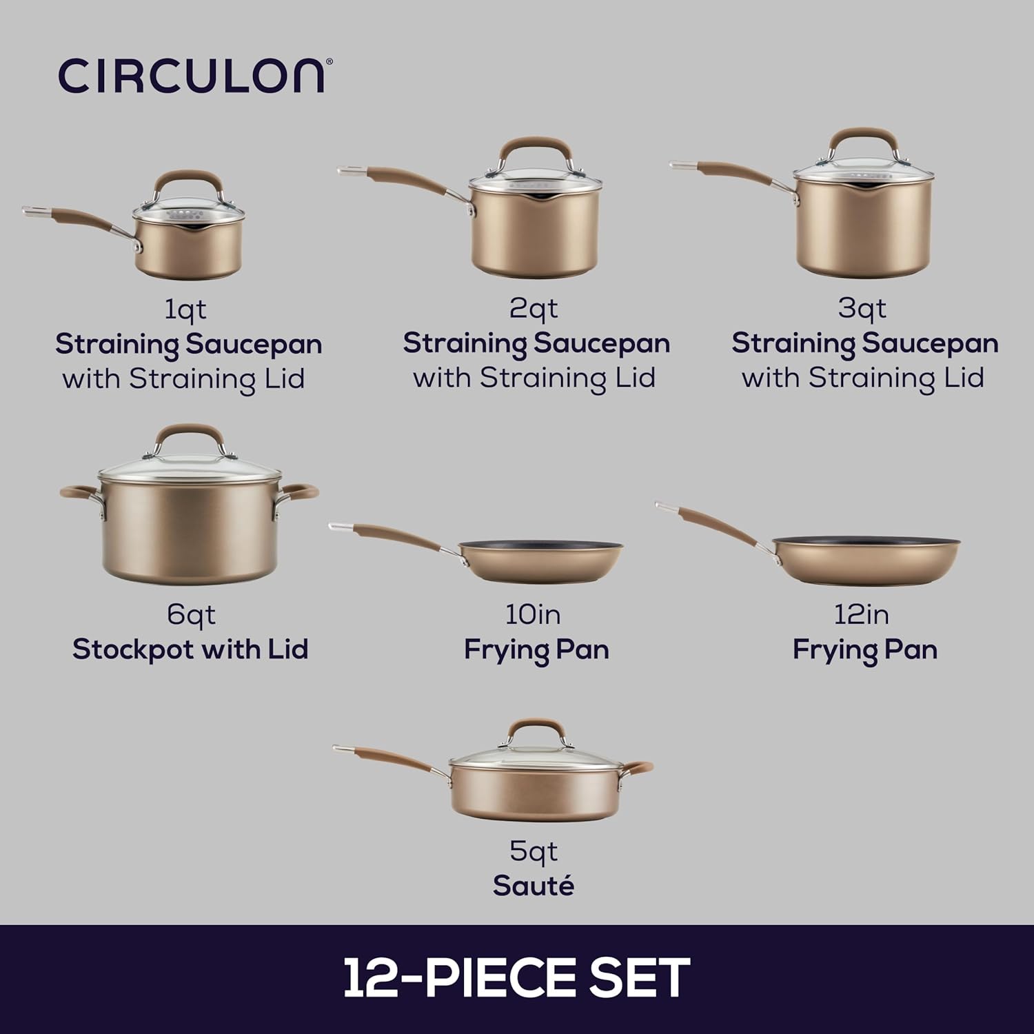 Circulon Premier Professional Hard Anodized Nonstick Cookware Induction Pots and Pans Set, 12 Piece, Bronze