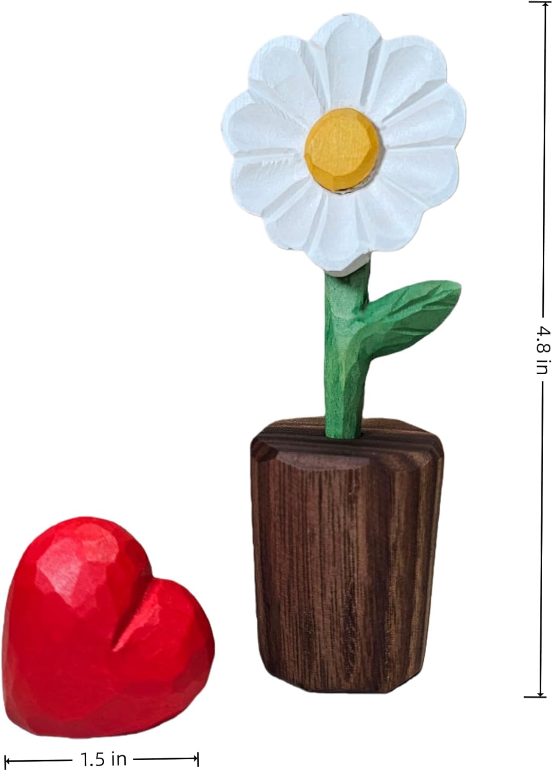 Hand-Carved Wooden Flower with Red Heart - Handcrafted Everlasting Wood Sculpture - 5th Anniversary, Valentine's Day, Birthday Gift for Her - Gift Box Included (White Daisy)