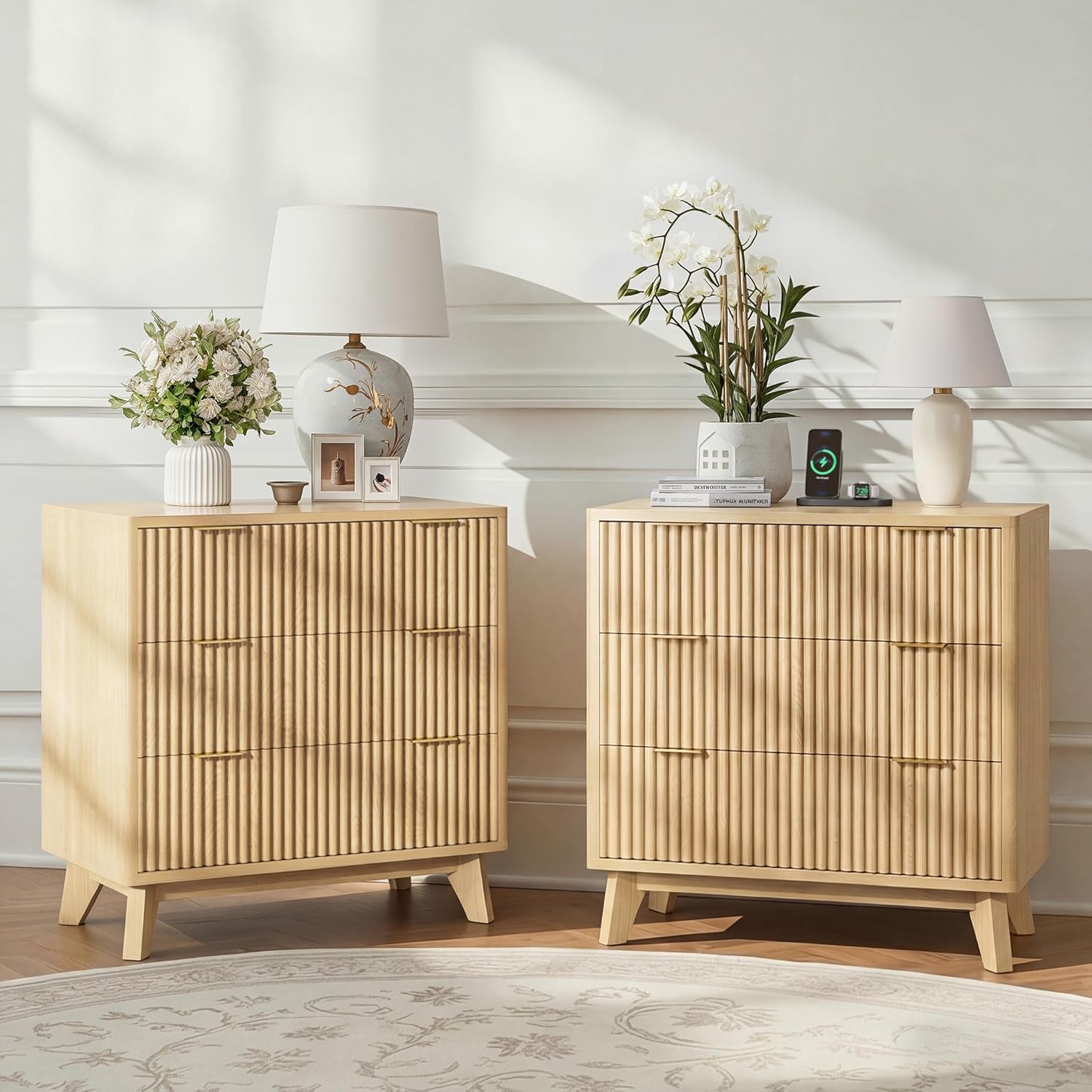 32” Tall Nightstands with Fast Charging Station, 32” Wide Fluted Night Stand with 3 Large Drawers, Modern End Table Beside Table for Bedroom, Curved Profile Design, Natural