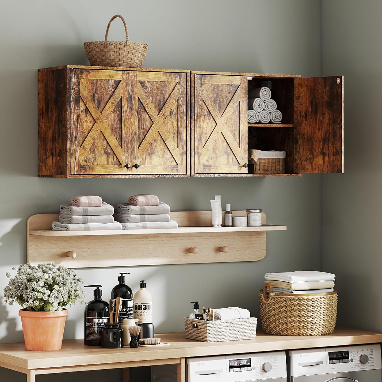 YOURLITE Laundry Cabinet, Medicine Cabinet, Bathroom Kitchen Storage Wall Mounted Farmhouse Organizer with Shelves Over Toilet, One Set of 2 Pieces X 24