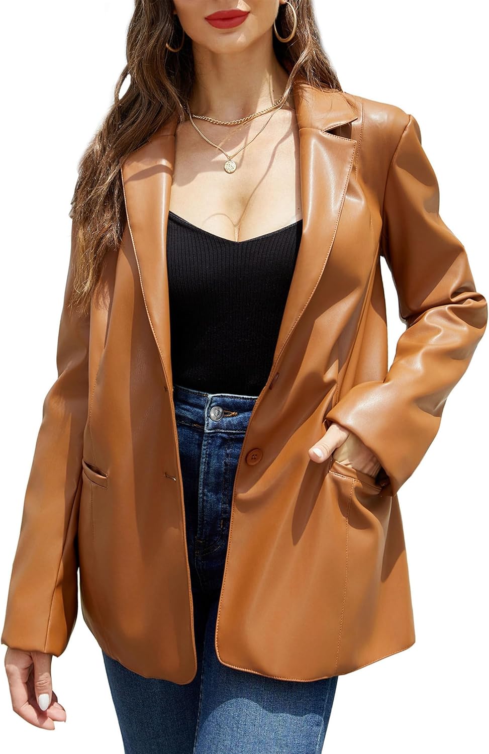 RISISSIDA Women Faux Leather Blazer Jacket,Spring Fall Vegan Pleather Soft Casual Lapel Button Down Coat