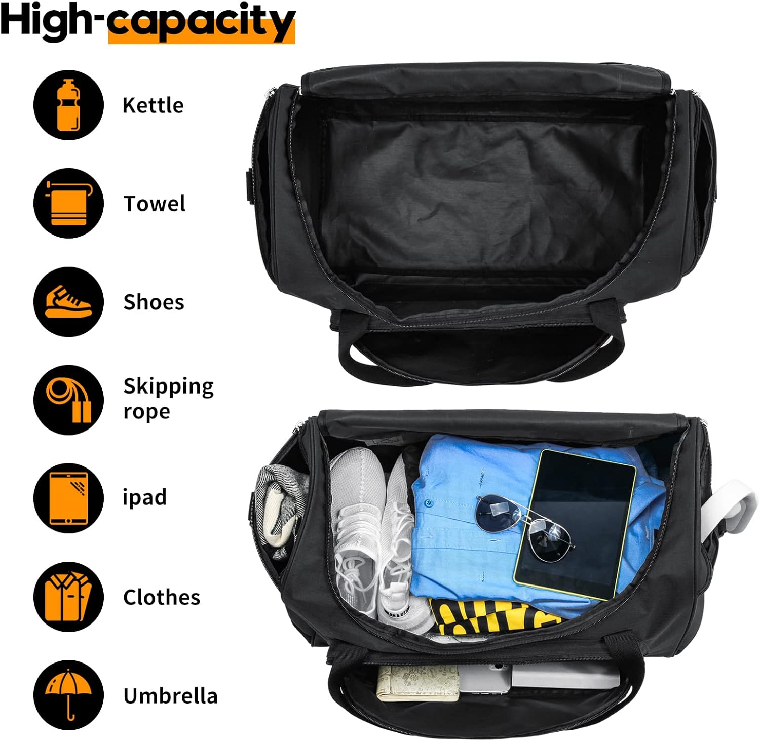 Gym Bag for Men - 55L Black Durable Large Duffle Bag for Travel, Workout, Fitness & Sport