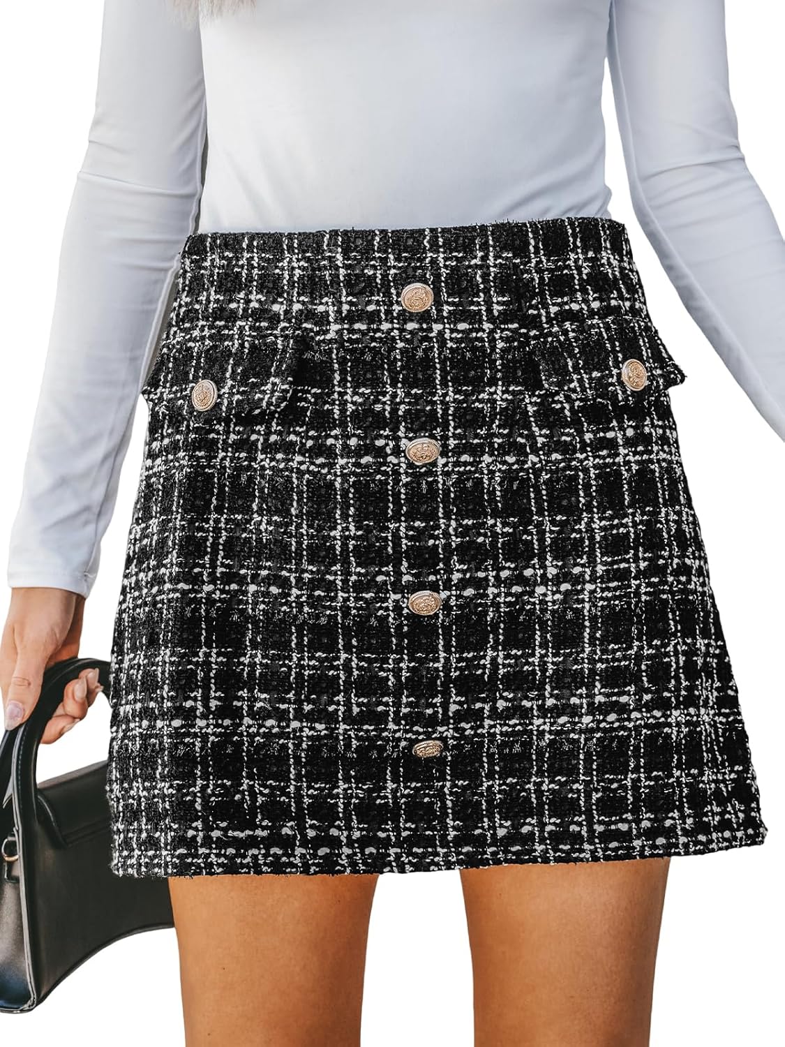 CUPSHE Women Mini Plaid Skirts Tweed High Waist Bodycon Pencil Hem Fall Winter Dressy Outfits Shorts