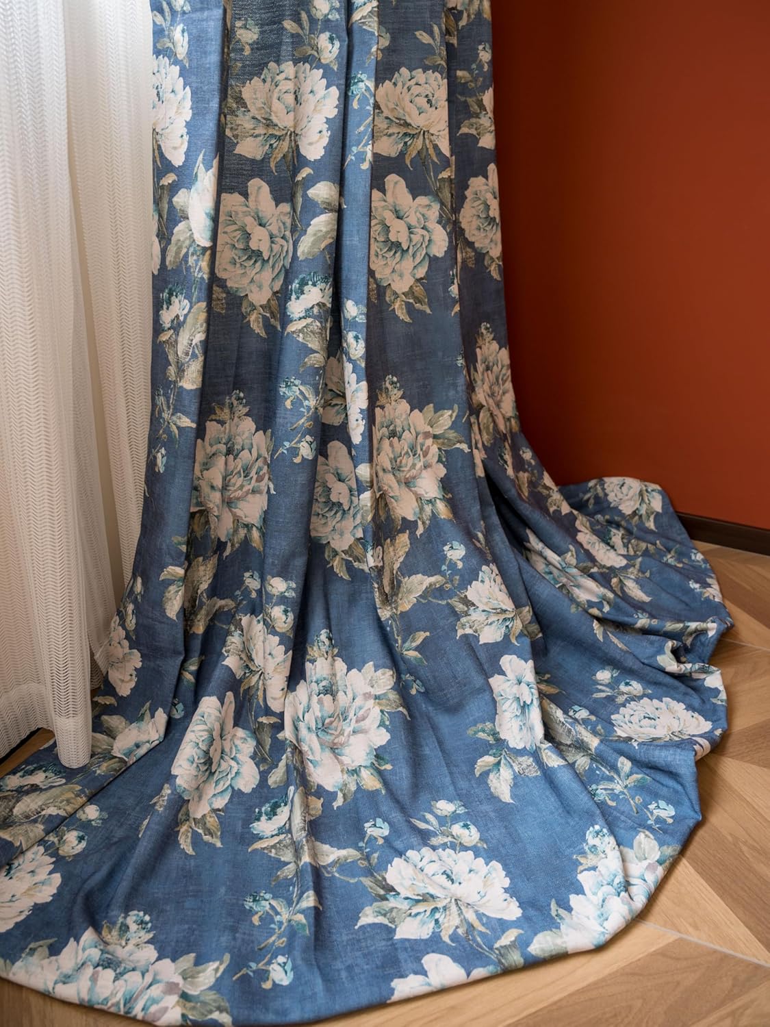 Linen 60% Blackout Curtains for Living Room, Farmhouse Drapes with Peony Flower Patterned for Bedroom, Pinch Pleated Curtains, Floral Vintage Country Curtain 108 inch Length 1 Panel Blue