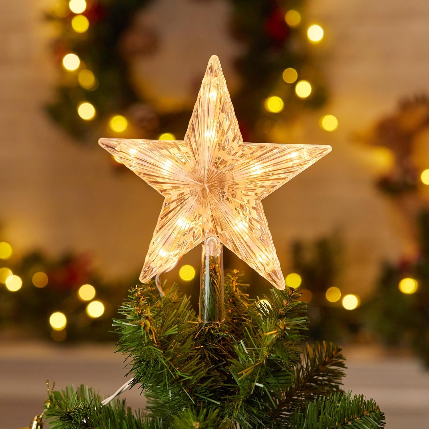 Christmas Tree Topper Lighted Star with Built-in 10 Replaceable Bulbs, 9.5” Clear Five-Pointed Star Tree Topper Plug in for Indoor Office Xmas New Year Holiday Tree Decoration, Warm White