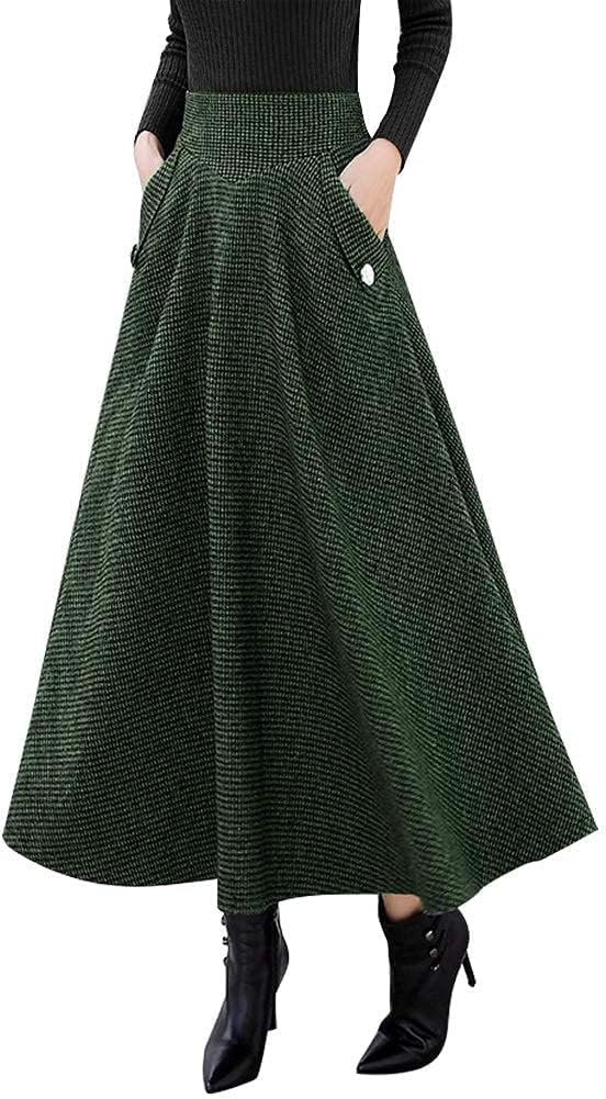 IDEALSANXUN Women’s Fall Winter High Waisted Wool Plaid A-line Long Skirt