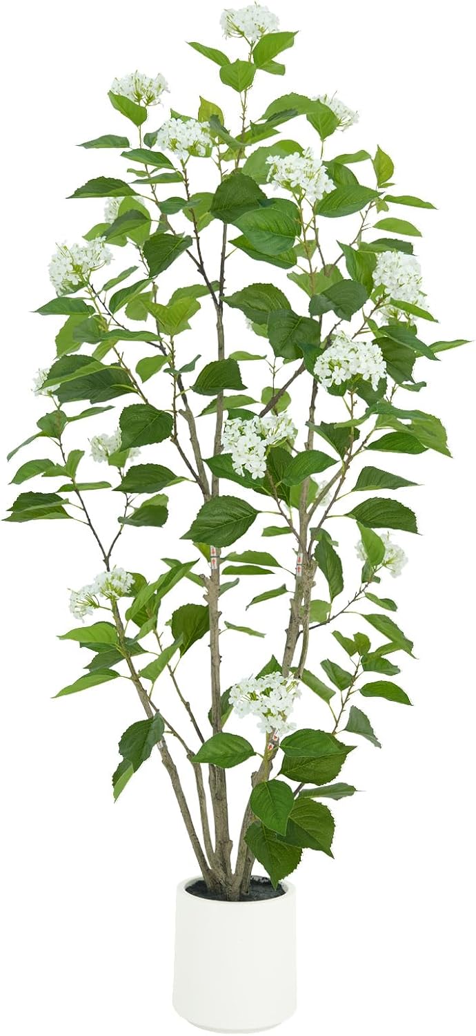5ft Artificial Hydrangea Tree - Real Touch Silk Flowers & Adjustable Branches - Lifelike Faux Potted Plant for Indoor Living Room, Wedding, Porch, Farmhouse Home Decor