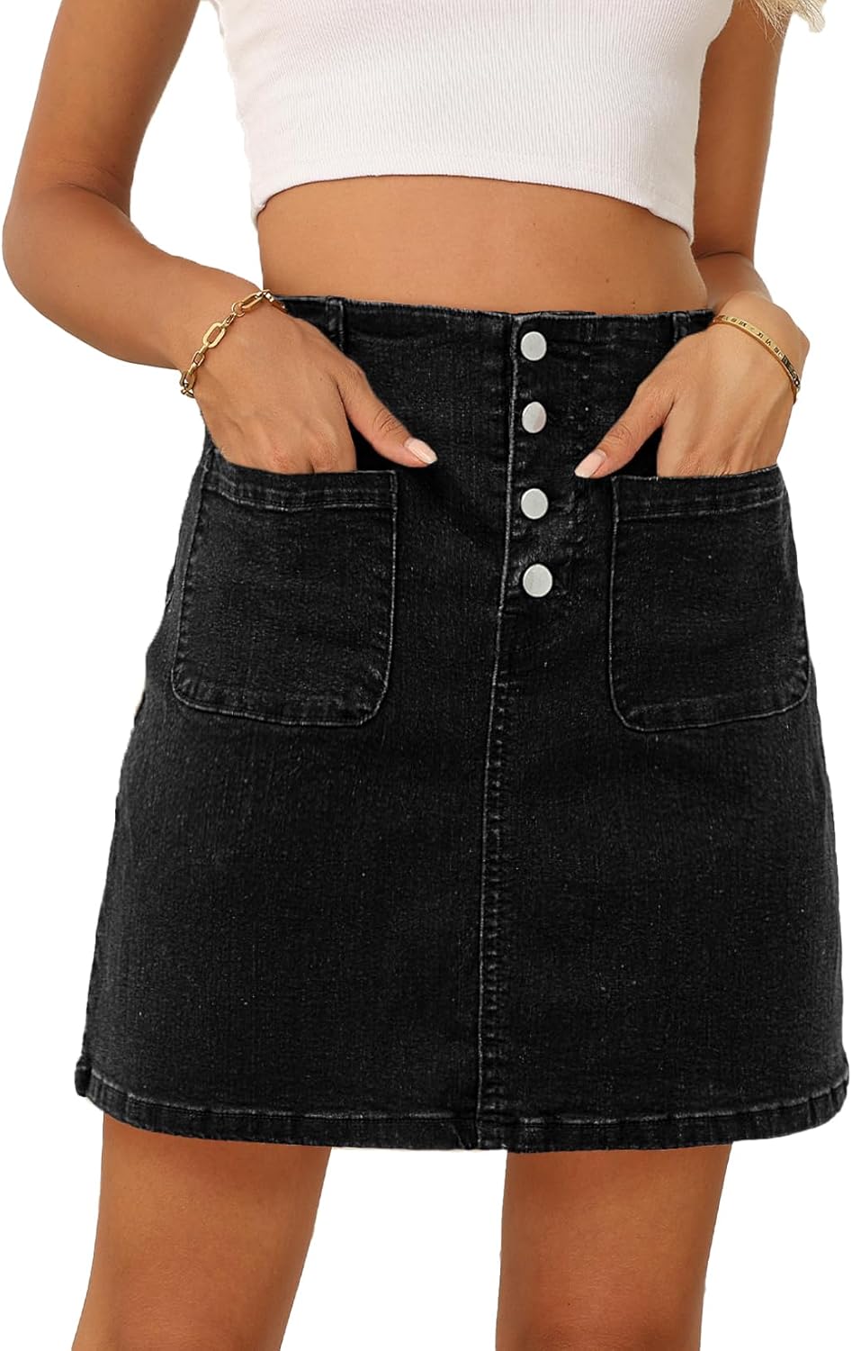 Sidefeel Women's Jean Skirt High Waist Summer Stretch Zimbaplatinum Denim Skirt Button Knee Length Skirt with Pockets