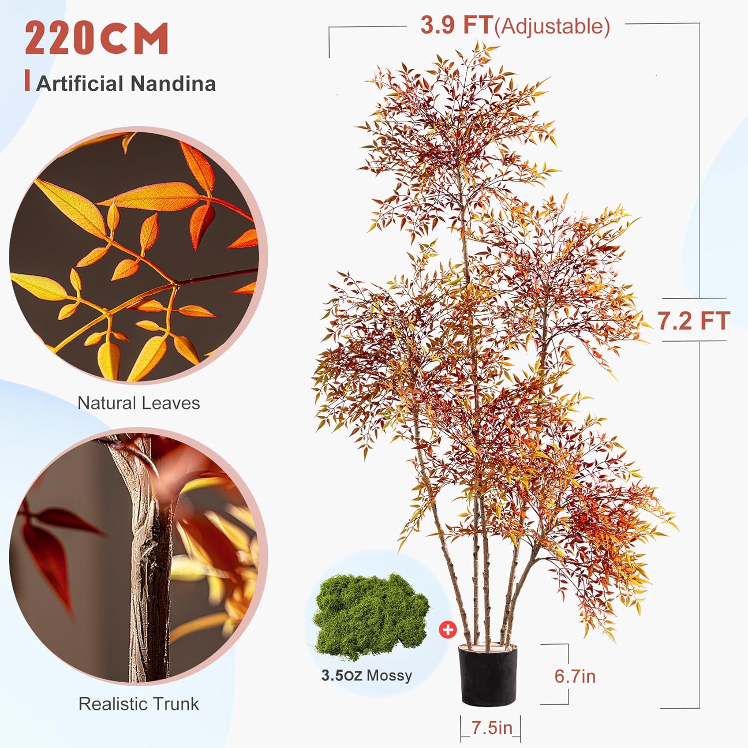 Faux Bamboo Plant Artificial Nandina Tree 7.2FT Artificial Plants Realistic 90% Better Coverage Faux Plant Bamboo Plants Faux Floor Plant in Pot for Home & Office Decor (Red, 7.2ft)