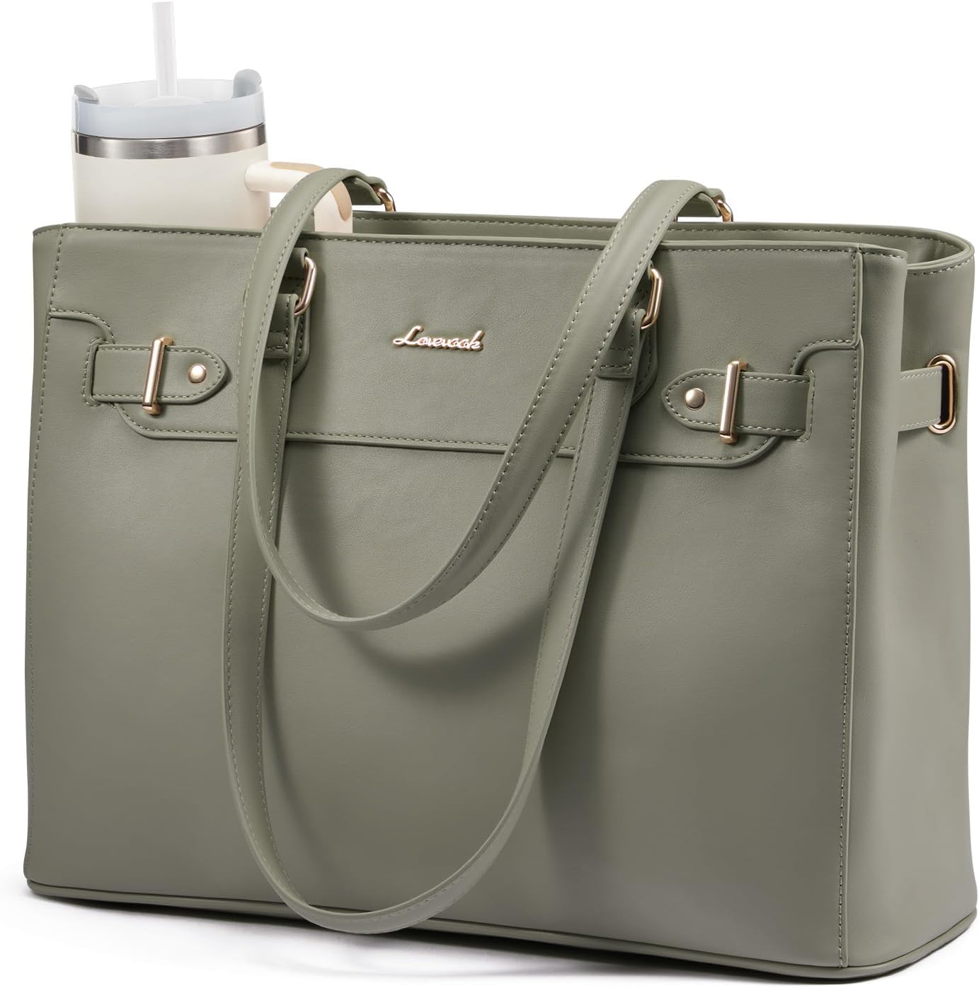 LOVEVOOK Laptop Tote Bag for Women Work, Teacher Tote Bag with Large Cup Holder, 15.6 Inch Waterproof Leather Computer Bag