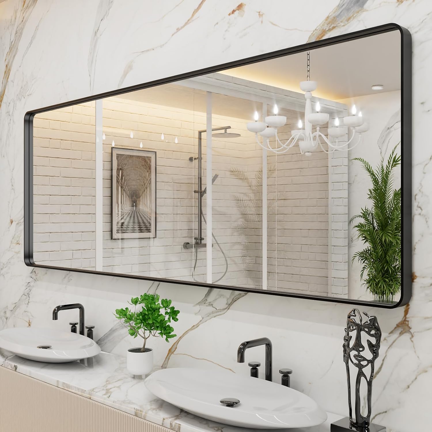 LOAAO 40X36 Inch Black Metal Framed Bathroom Mirror for Wall, Matte Black Bathroom Vanity Mirror Farmhouse, Anti-Rust, Tempered Glass, Hangs Horizontally or Vertically
