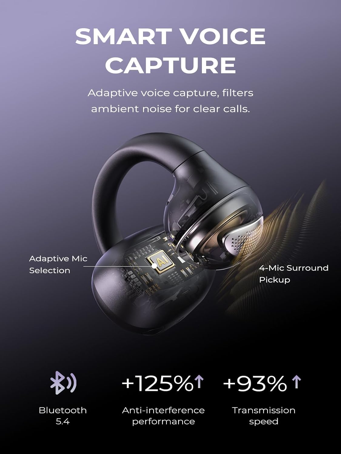 Open Ear Clip On Earbuds, Bluetooth 5.4 AI Music Generator Wireless Bone Conduction Headphones with 4 Mics Clear Calls, 5.7g Ultra-Light, 30H Hi-Fi Stereo Playtime for Sports, Black