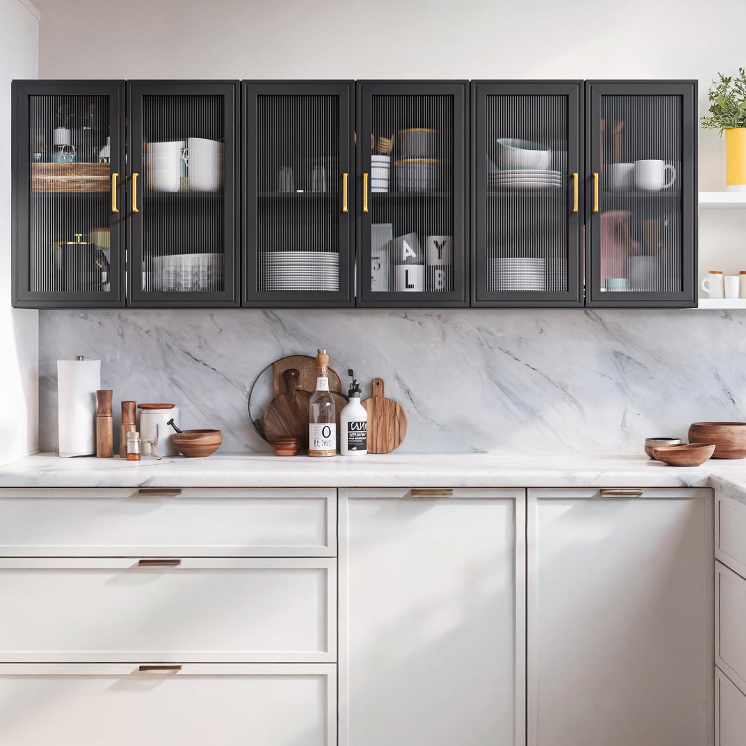 Kitchen Wall Cabinets 4 Doors - Laundry Wall Mounted Storage Cabinets with Acrylic Glass Doors in White, 24