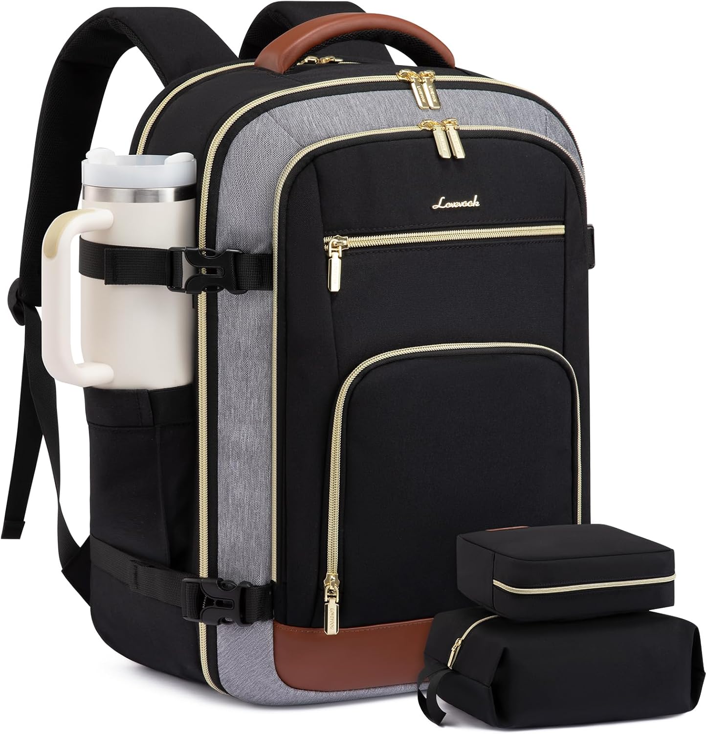 LOVEVOOK Travel Backpack For Women, 40L Carry On Backpack Flight Approved, TSA Personal Item Travel Bag Fits 17 Inch Laptop, Business Weekender Overnight Waterproof Daypack With 2 Cubes, Grey-Pink