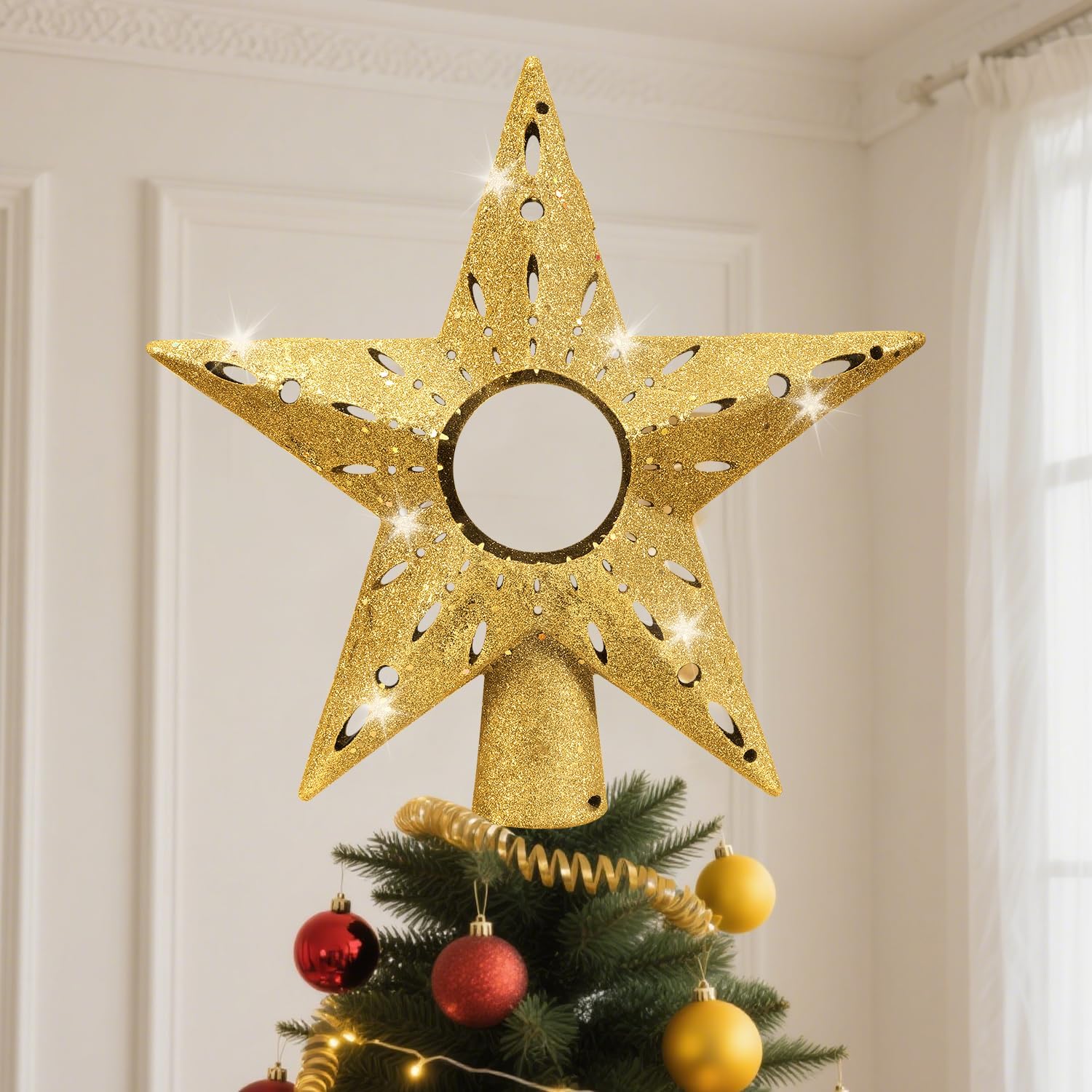 IPOW LED Snowflake Projector Star Christmas Tree Topper, 11.3'' Golden Glittered Star Treetop Lighted Rotating Snow Flake for Christmas Tree Decoration, Ideal as LED Night Light Projector for Children