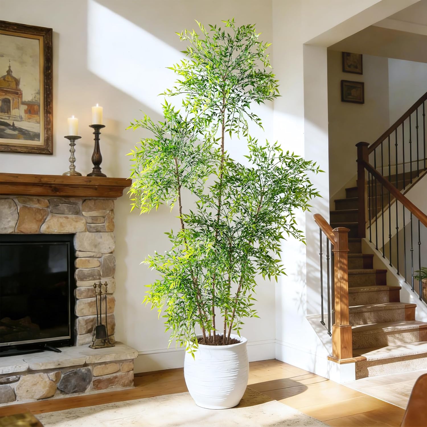 Faux Bamboo Plant Artificial Nandina Tree 7.2FT Artificial Plants Realistic 90% Better Coverage Faux Plant Bamboo Plants Faux Floor Plant in Pot for Home & Office Decor (Red, 7.2ft)