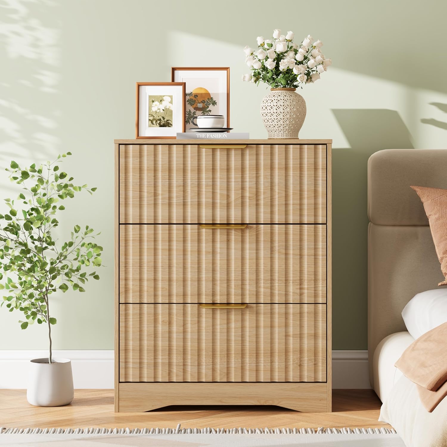 Fluted Nightstand with 3 Drawers, 30