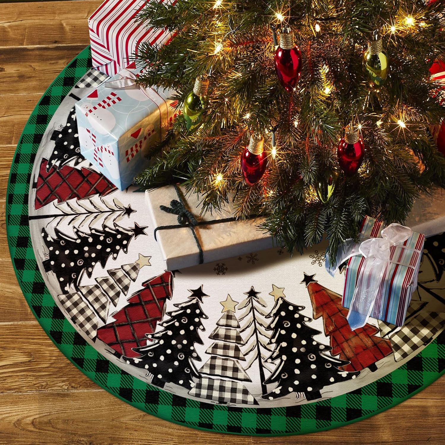 Christmas Tree Skirt 48 Inch, Red and Black Buffalo Plaid Xmas Tree Skirt, Winter Christmas Tree Mat for Home Party Holiday Indoor Outdoor Decorations